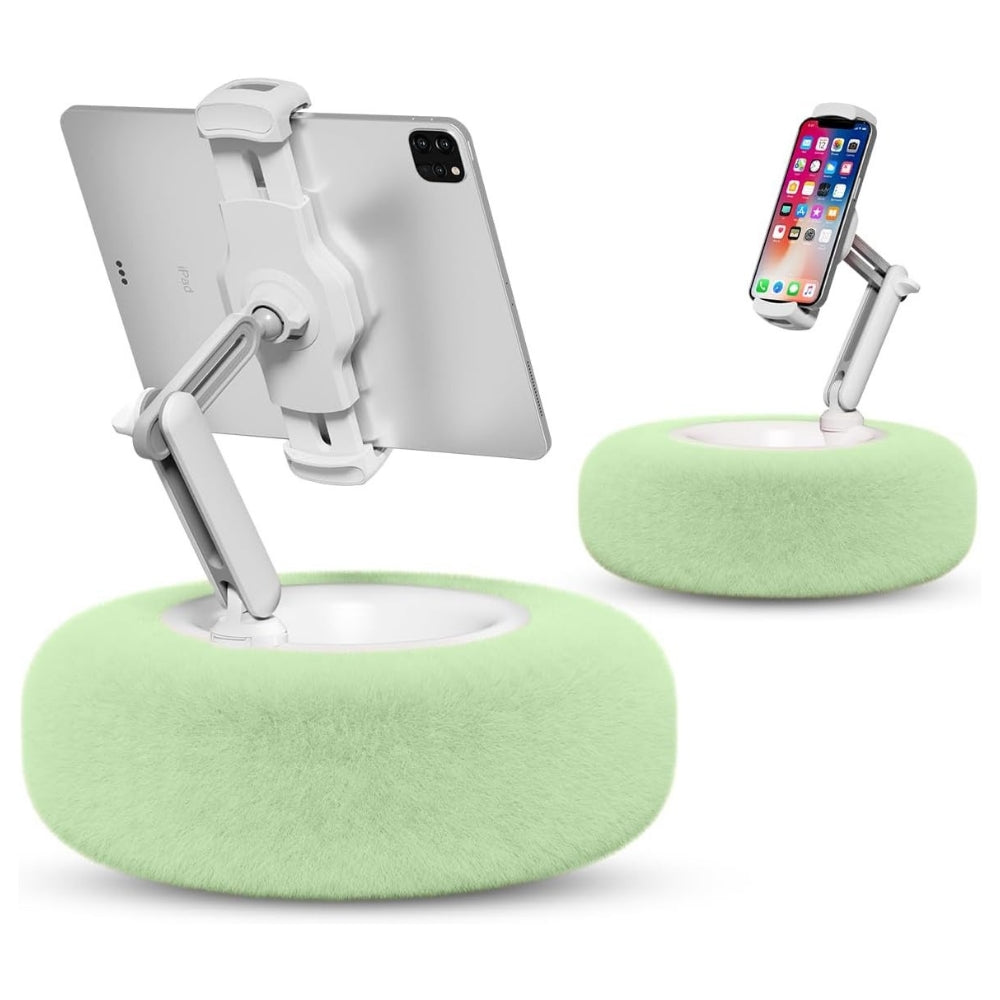 Belro fuzzy pillow phone holder with snack bowl, soft fabric cover, and built-in snack compartment for hands-free use.