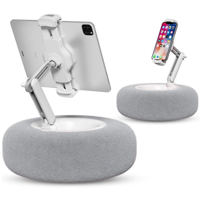 Belro fuzzy pillow phone holder with snack bowl, soft fabric cover, and built-in compartment for snacks, suitable for bed or sofa use.