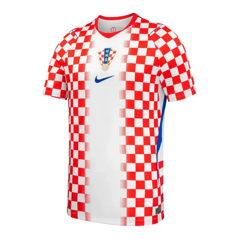 Croatia 2026 home soccer jersey by Zendra Light, front view showing red and white checkered pattern with team crest.