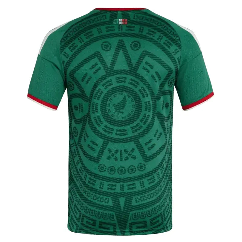 Back view of Zendra Light 2026 Mexico home soccer jersey with team logo and vibrant red, green, and white design.