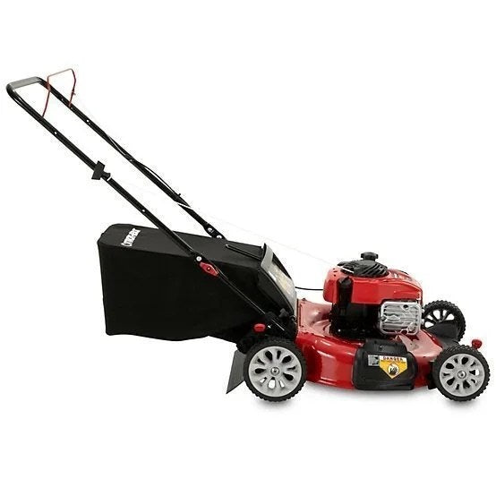 Casavibeo Troy-Bilt 21-inch gas push mower with a black engine and metal deck, ready for lawn mowing.
