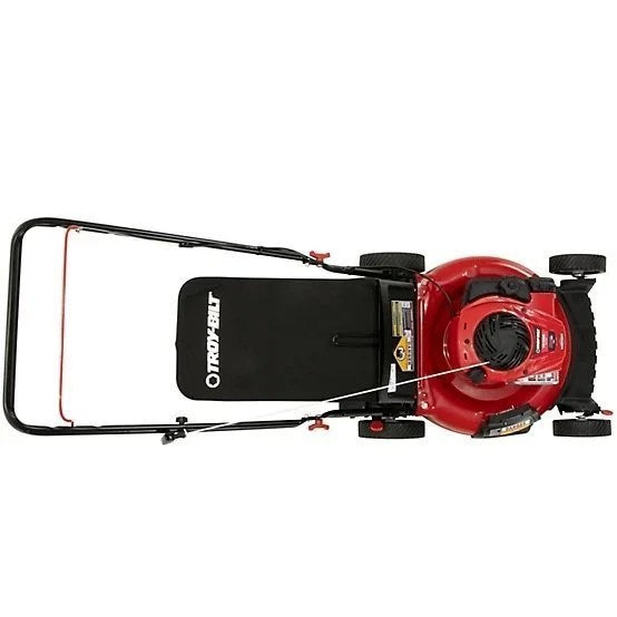 Casavibeo Troy-Bilt 21-inch gas push mower with cutting deck, engine, and handles in a yard setting.