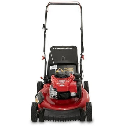 Casavibeo Troy-Bilt 21-inch gas push mower with a black and green design, ready for lawn trimming and yard maintenance.