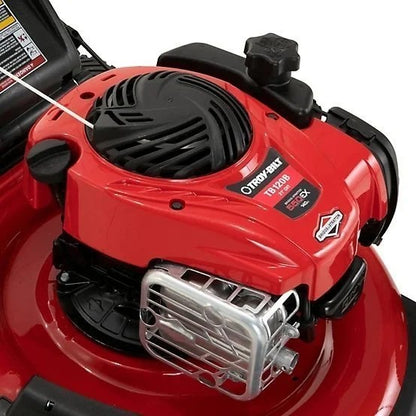 Casavibeo Troy-Bilt 21-inch gas push mower with adjustable height and durable steel deck in a green and black design.