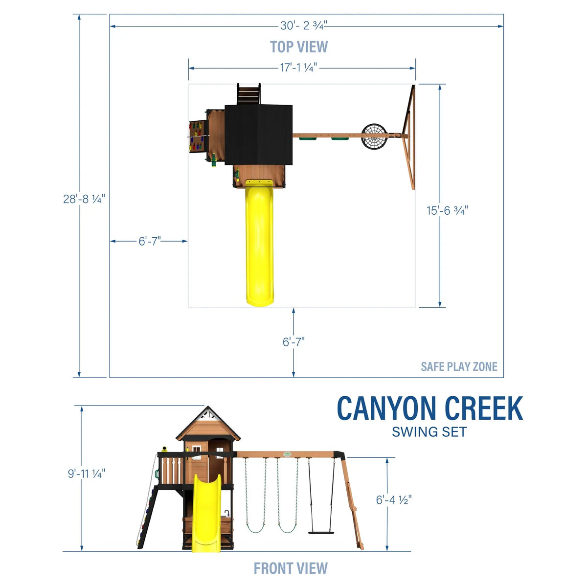 Diagram of the Casavibeo Canyon Creek Swing Set in yellow, showing the structure and components of the outdoor play equipment.