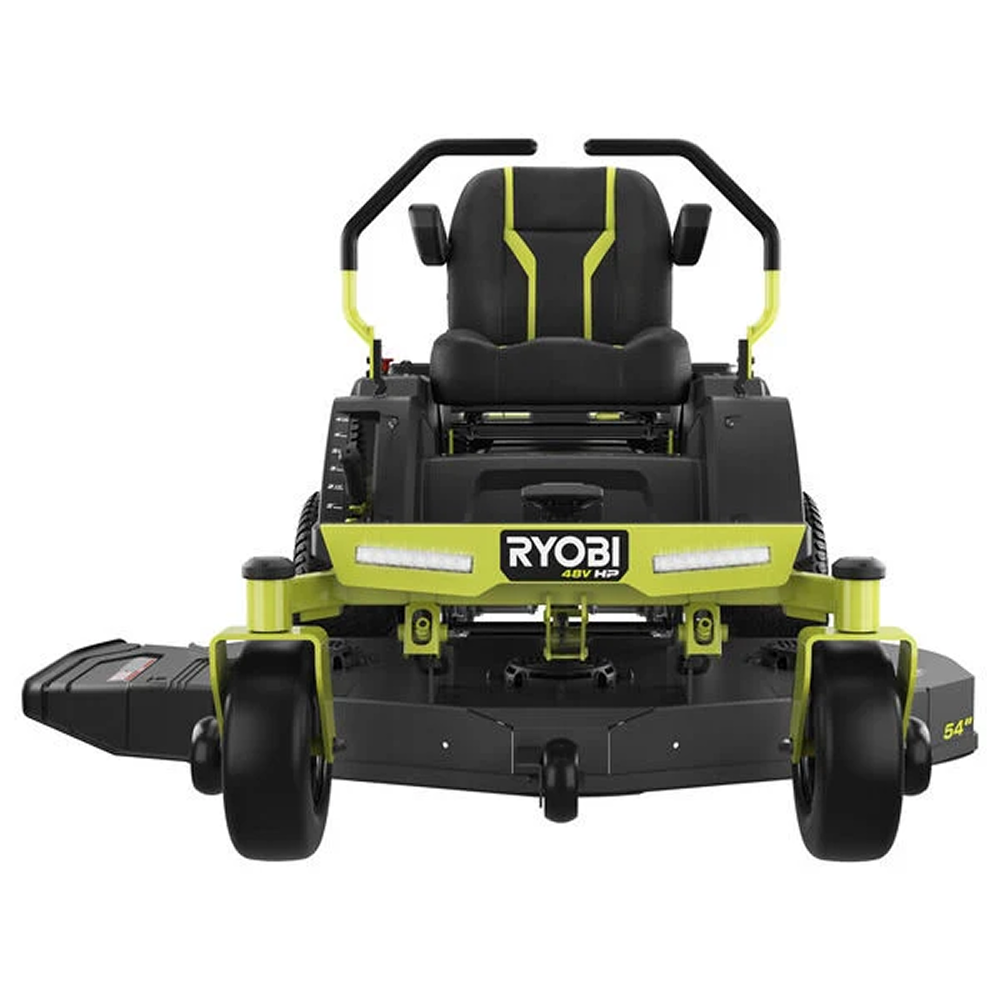 Ryobi 48V 54-inch 115 Ah HP brushless electric riding zero turn mower, featuring large cutting deck and battery-powered design