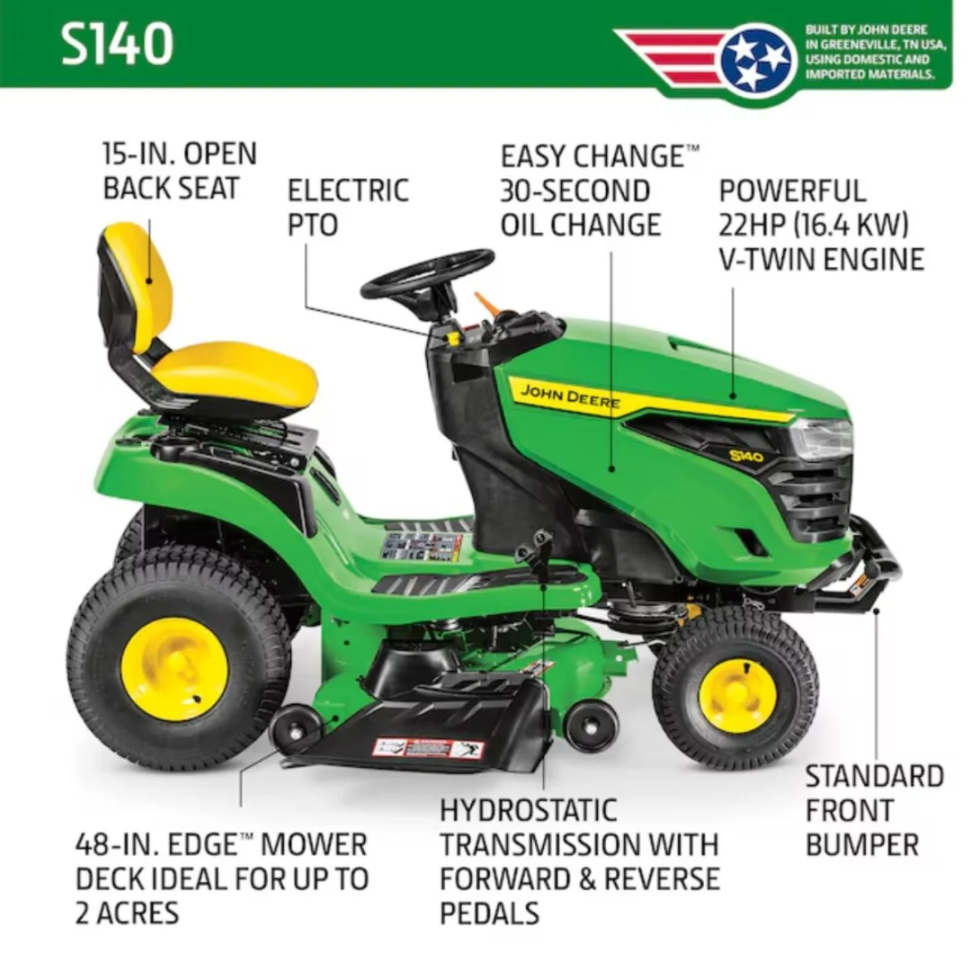 John Deere S140 48-inch riding lawn tractor with 22 HP V-twin gas engine and hydrostatic transmission, shown on a lawn.