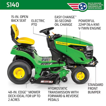 John Deere S140 48-inch riding lawn tractor with 22 HP V-twin gas engine and hydrostatic transmission, shown on a lawn.