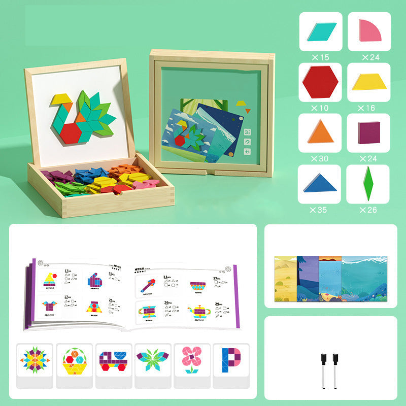 Mivoza magnetic wooden building blocks with pattern cards, colorful educational toy for creative construction and play.