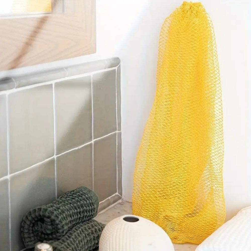 Belro African net sponge exfoliating bath scrubber for smooth, refreshed skin in a natural fiber net design.