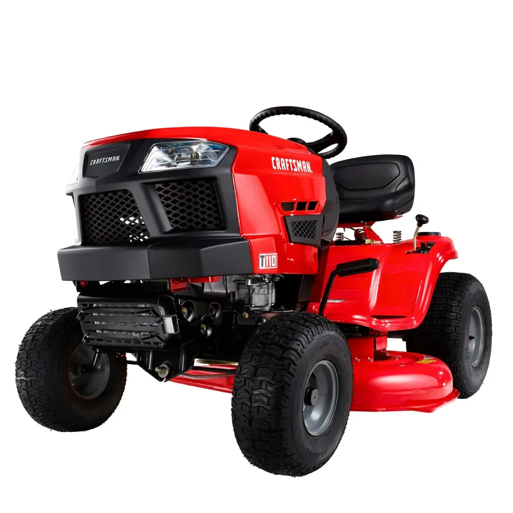 Craftsman T110 riding mower with 42-inch deck, 17.5 HP Briggs & Stratton engine, 7-speed transmission, Casavibeo logo visible.