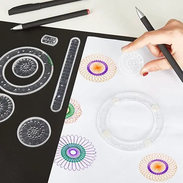 22-piece spiral ruler set by Mivoza for creative drawing, geometric patterns, and kids-friendly arts and crafts tools.