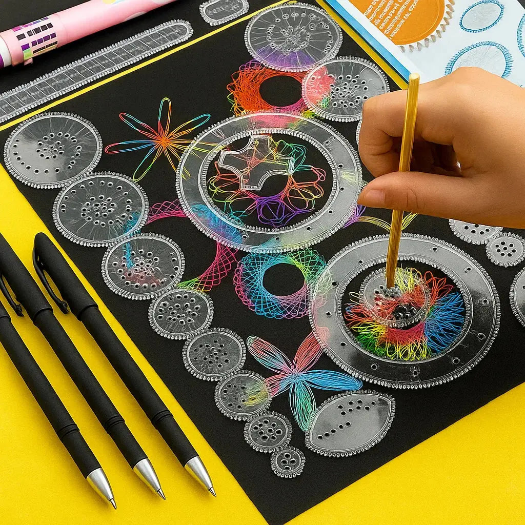 Mivoza 22-piece spiral ruler set for creative drawing, geometric patterns, and kids' arts and crafts projects.