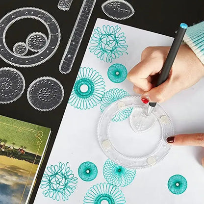 Mivoza 22-piece spiral ruler set for creative drawing, geometric patterns, and kids-friendly arts and crafts drafting tools.