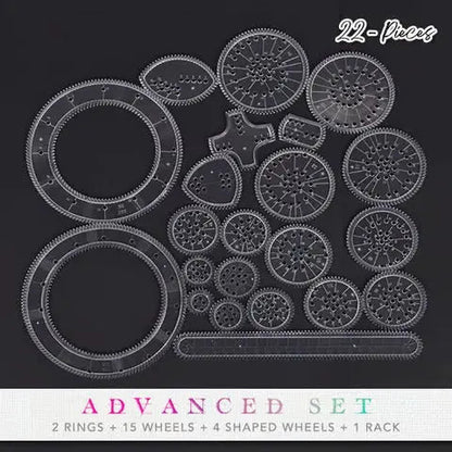 Mivoza 22-piece spiral ruler set for creative drawing, geometric patterns, and kids-friendly arts and crafts drawing tools.