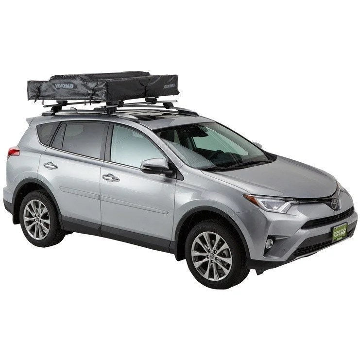 Casavibeo Yakima Skyrise rooftop tent set up on a vehicle, featuring durable fabric, sturdy ladder, and elevated camping platform.