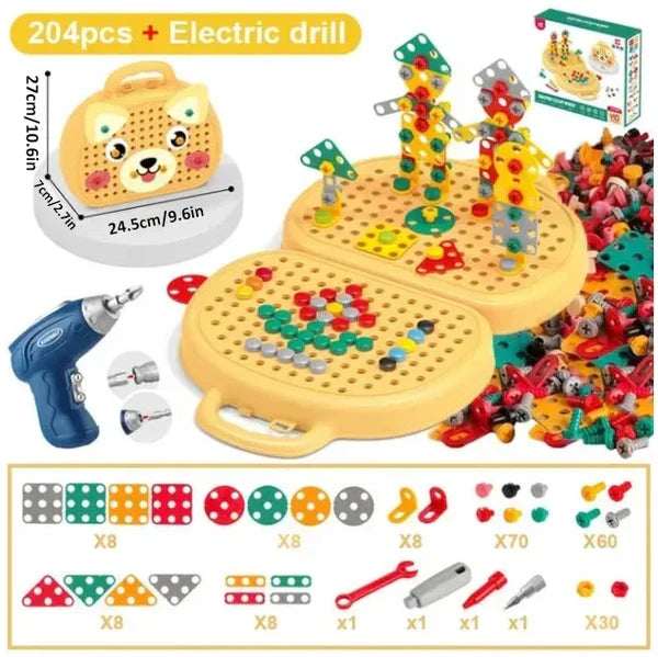 Children's electric drill puzzle toolbox with colorful tools and hardware, designed for kids' play and learning.