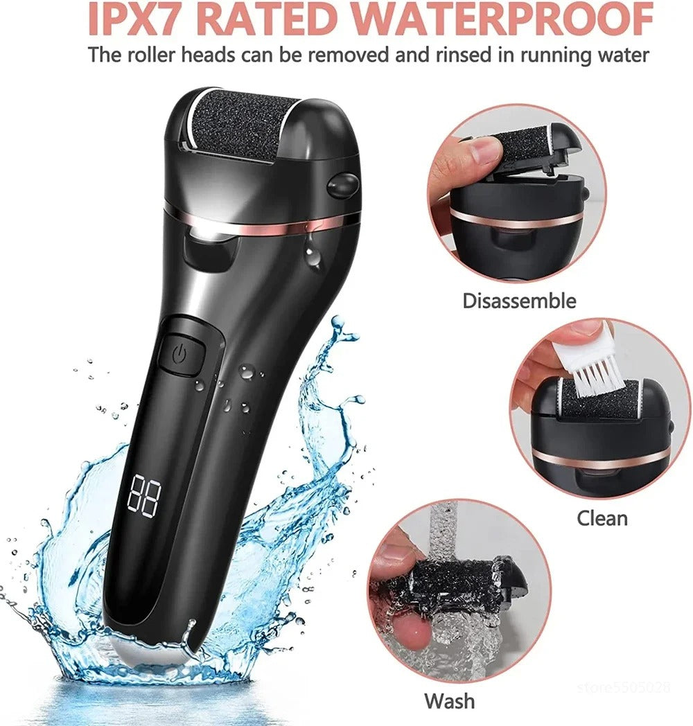 Belro electric callus remover for smooth skin, showing the handheld device with exfoliating roller for foot skin care.