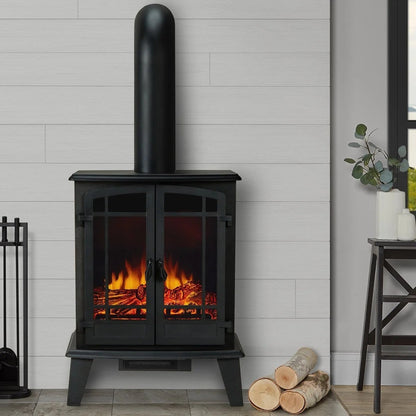 Casavibeo Real Flame Foster 25-inch electric fireplace with realistic flame effect and modern black finish, viewed from front angle.