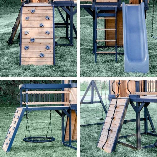 Casavibeo Backyard Discovery Timber Crossing Swing Set with swings, slide, and climbing features in a backyard setting