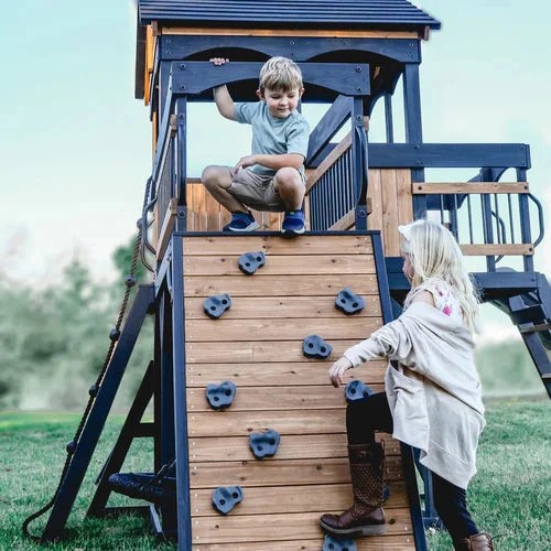 Backyard Discovery Timber Crossing Swing Set by Casavibeo with swings, slides, and climbing features in a backyard setting