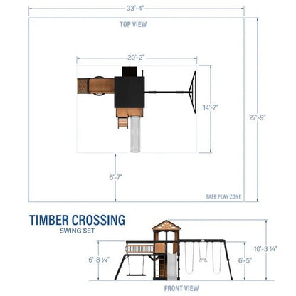 Diagram of the Backyard Discovery Timber Crossing Swing Set showing its frame, swings, slide, and climbing features.