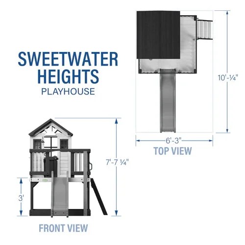 Casavibeo Backyard Discovery Sweetwater Heights elevated playhouse with footprint and play area, featuring a wooden structure and safety rails.