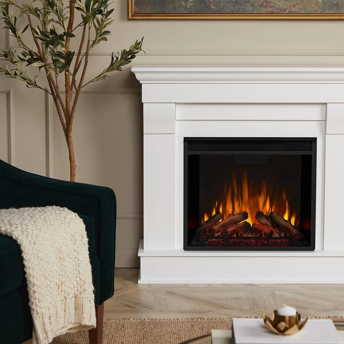 Casavibeo Real Flame Chateau electric fireplace with realistic flame effect and elegant design, shown in a cozy living room setting