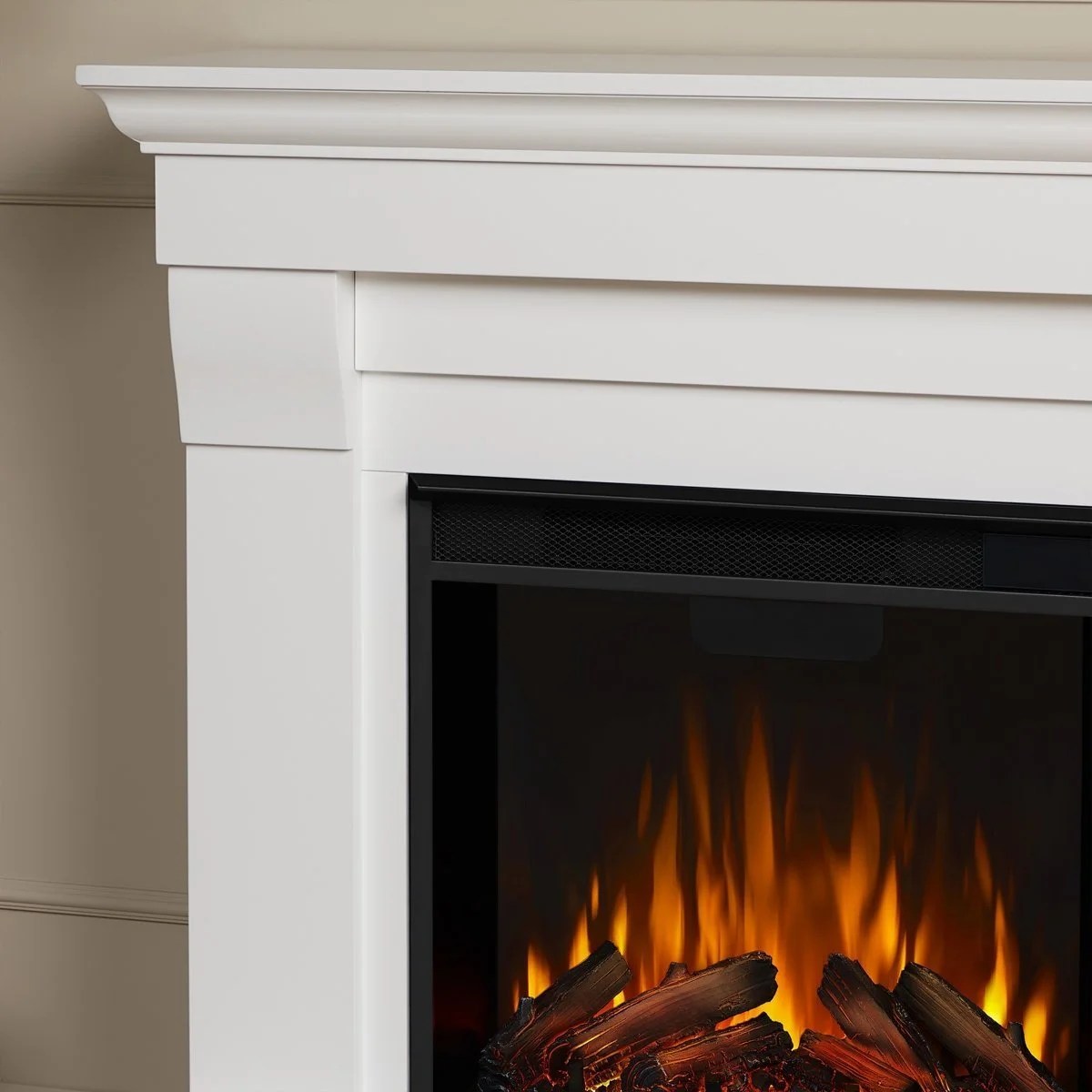 Casavibeo Real Flame Chateau electric fireplace with realistic flame effects, wooden mantel, and modern design for cozy home ambiance.
