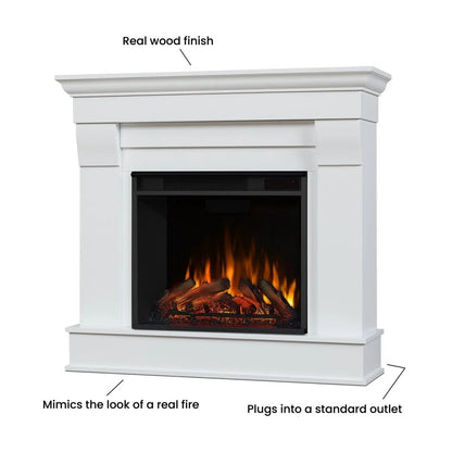 Casavibeo Real Flame Chateau Electric Fireplace with realistic flame effect and traditional mantel design, shown in a cozy living room setting.