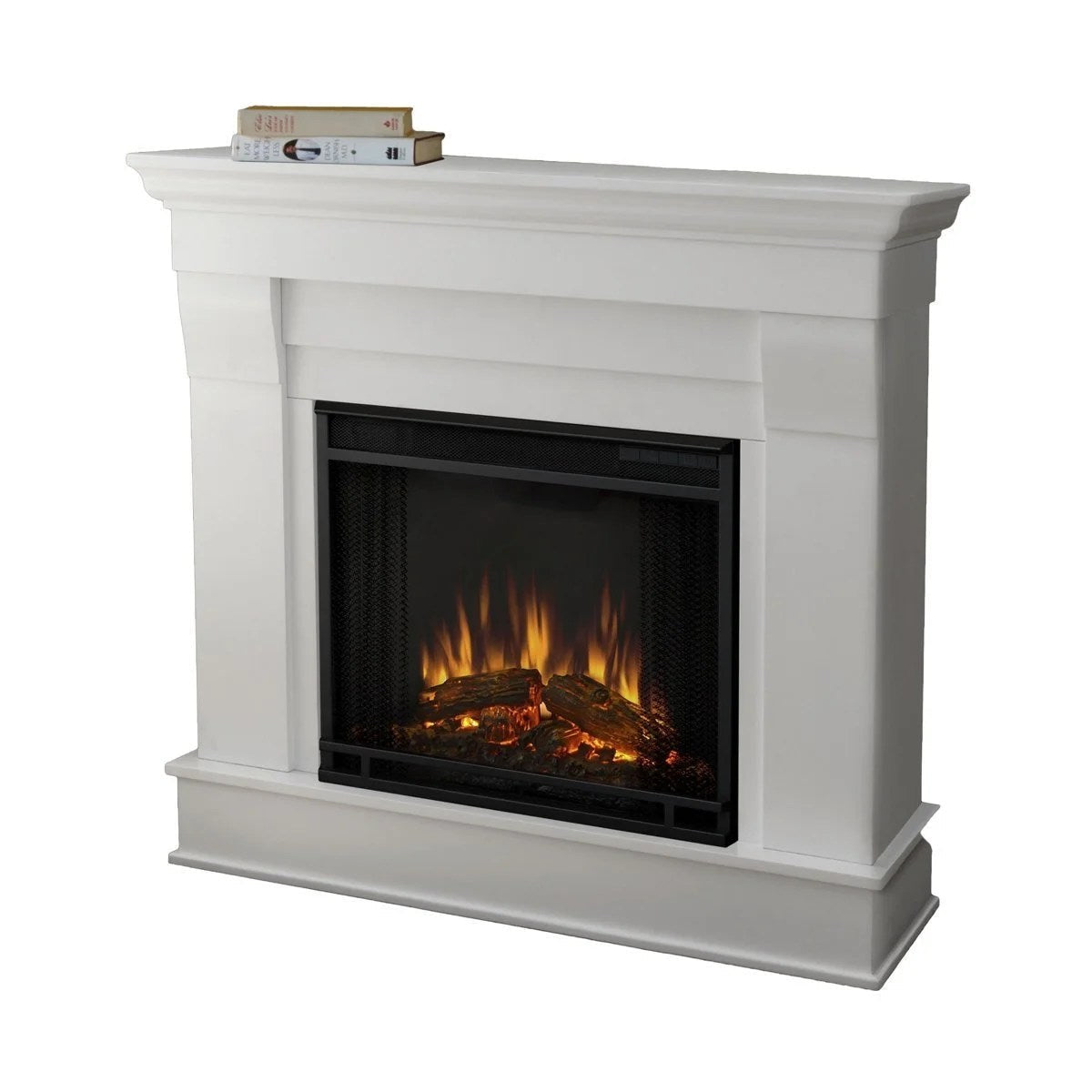 Casavibeo Real Flame Chateau electric fireplace with a classic design, featuring a glowing flame effect and realistic firebox.