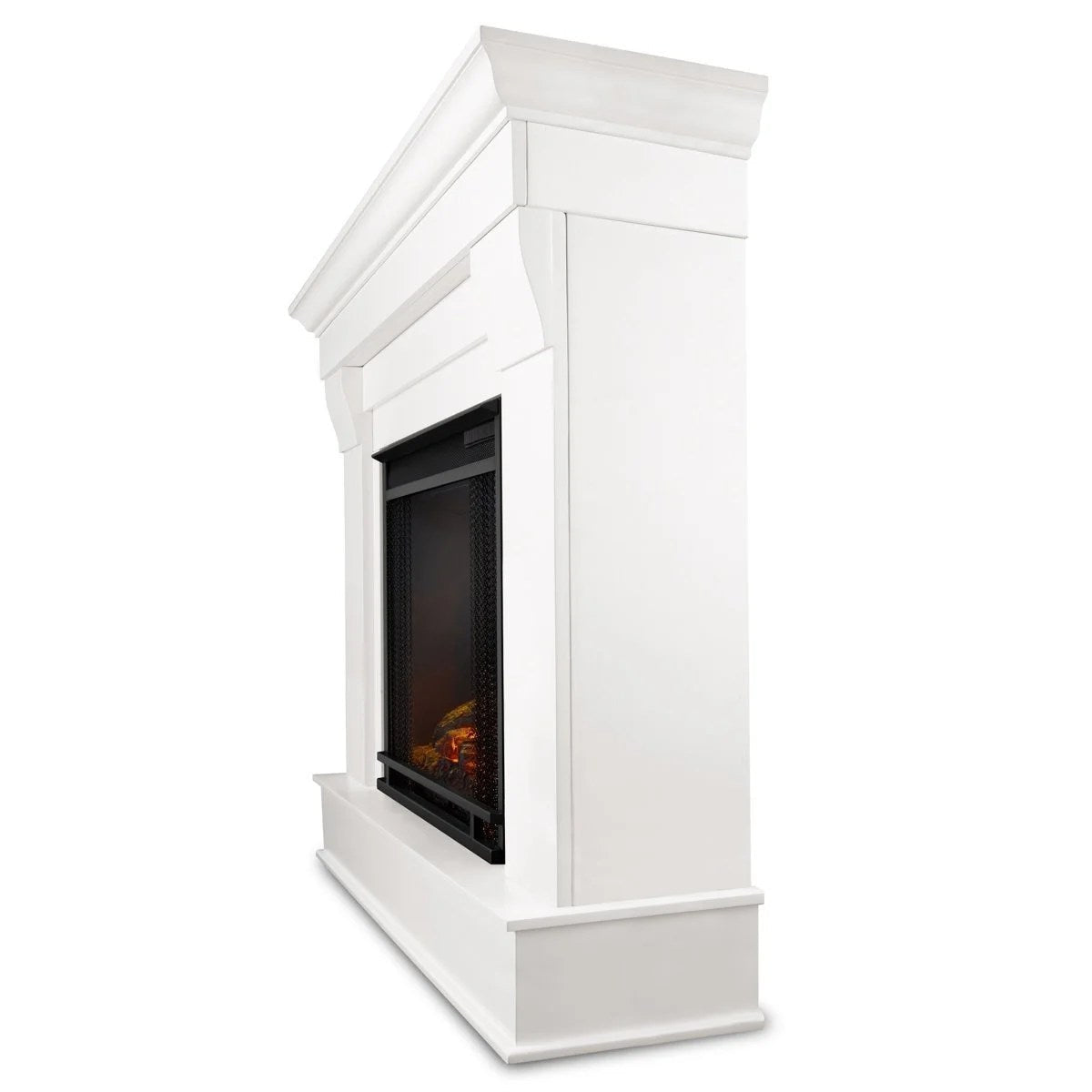 Casavibeo Real Flame Chateau electric fireplace with realistic flame effect and classic design, shown in a cozy living room setting.