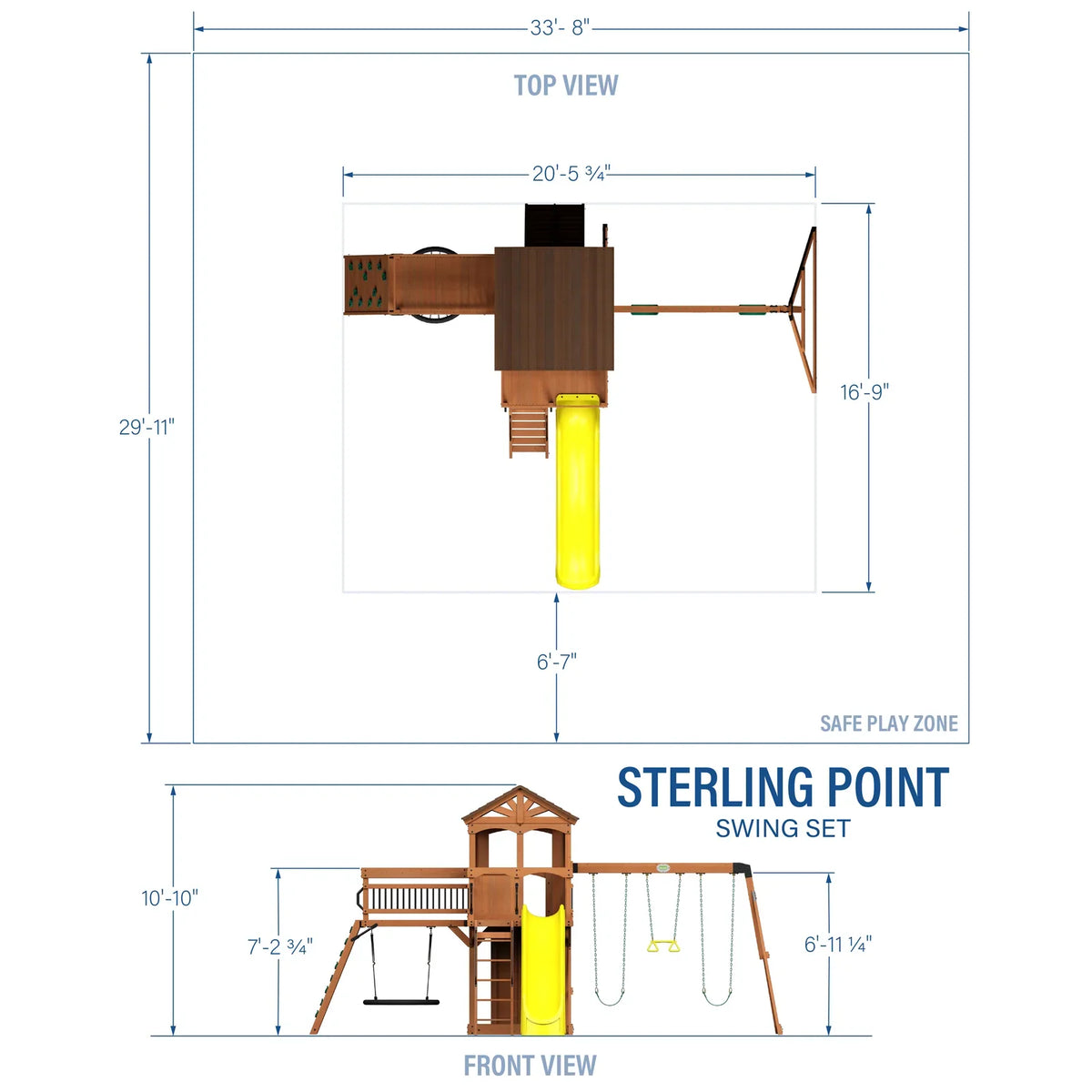 Diagram of the Casavibeo Sterling Point Swing Set, a backyard playground with swings and climbing features for outdoor fun.