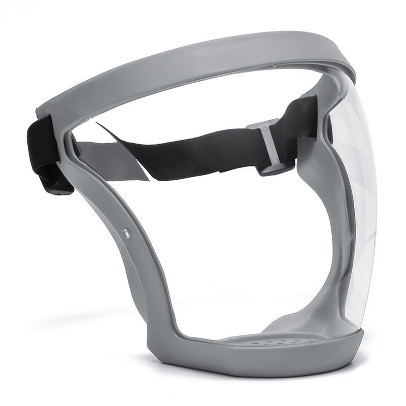 Belro anti-fog face shield, protective clothing item with clear plastic visor and adjustable headband, designed for face protection.
