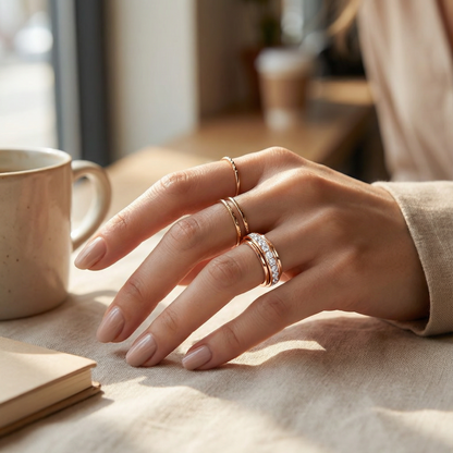 Mivoza zirconia spinning ring with crystal accents, elegant anti-anxiety rotating band, jewelry accessory for women