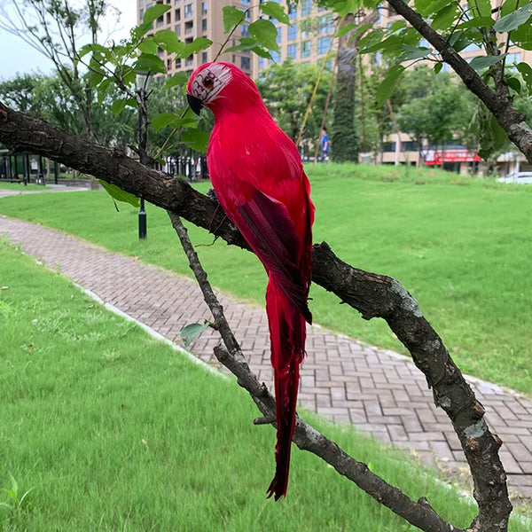 Lifelike feathered parrot garden ornament, 25cm, realistic bird figure for outdoor garden decor and lawn decoration.