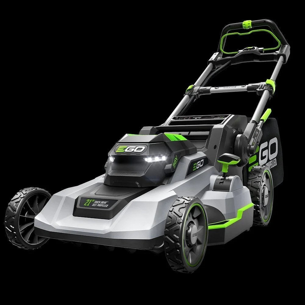 Casavibeo EGO POWER+ LM2125SP 21-inch self-propelled lawn mower with touch drive and adjustable cutting height in a lush garden scene.