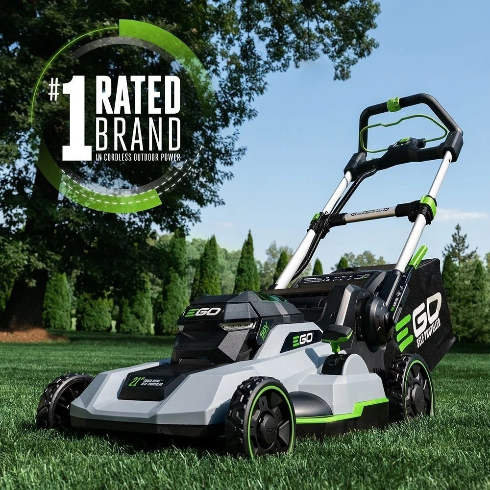 EGO POWER+ LM2125SP 21-inch self-propelled touch drive lawn mower with grass collection bag in a yard.