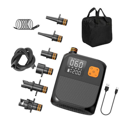 GETDECO 25PSI electric paddle board pump with high pressure compressor, power bank, 6 nozzles, and LED light for inflatables.