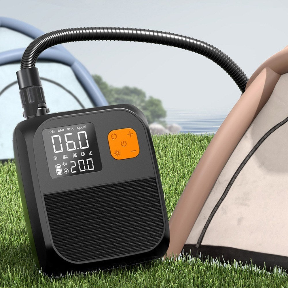 GETDECO 25PSI electric paddle board pump with high pressure compressor, 6 nozzles, LED light, and power bank for inflatables