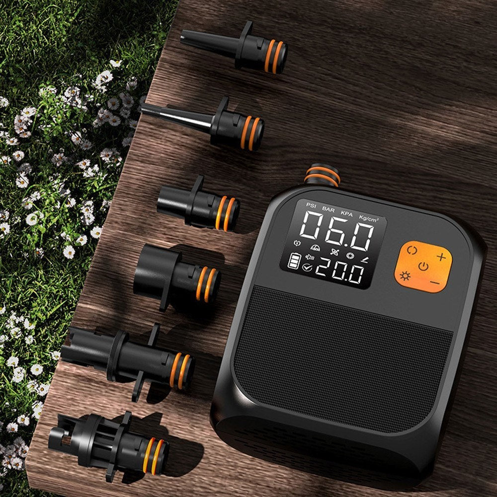 GETDECO 25PSI electric paddle board pump with LED light, high-pressure compressor, power bank, and six nozzle attachments for inflatables.