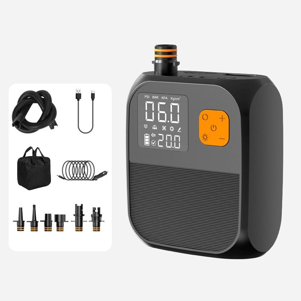 GETDECO 25PSI electric paddle board pump with high pressure compressor, power bank, 6 nozzles, and LED light for inflatables