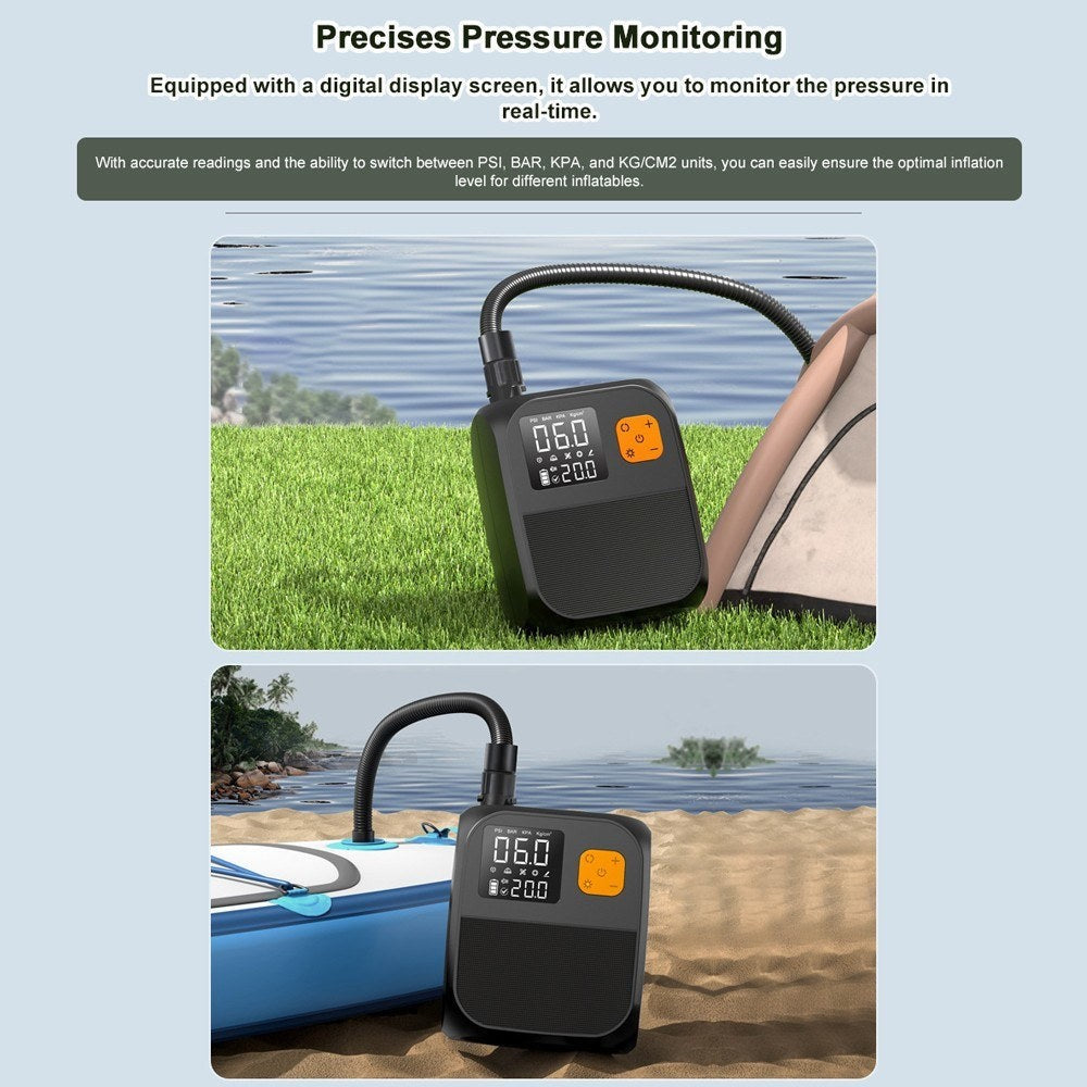 GETDECO 25PSI electric paddle board pump with high-pressure compressor, power bank, 6 nozzles, and LED light for inflatables.
