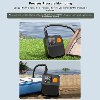GETDECO 25PSI electric paddle board pump with high-pressure compressor, power bank, 6 nozzles, and LED light for inflatables.
