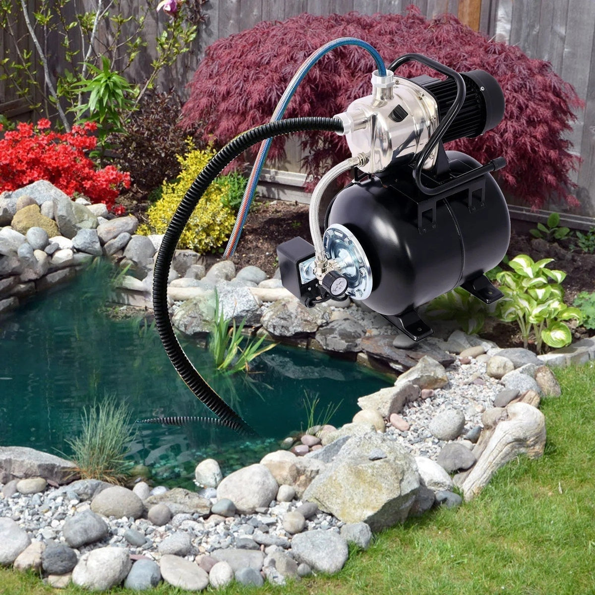 Casavibeo 1.6HP shallow well pump with 5-gallon pressure tank for automatic water boosting, garden irrigation, and residential use.