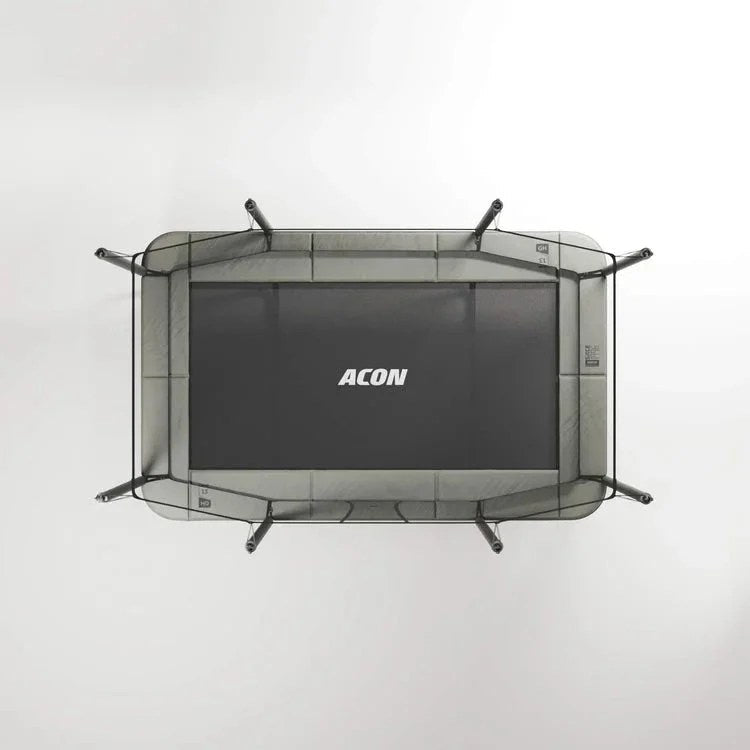Acon 13 HD rectangular trampoline with safety net and ladder, featuring sturdy frame and jumping surface for outdoor fun.