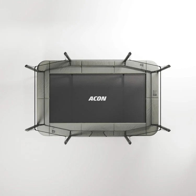 Acon 13 HD rectangular trampoline by Casavibeo with safety net and ladder, shown with a sturdy metal frame and jumping surface.