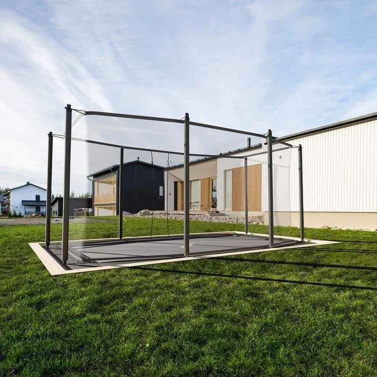 Casavibeo Acon 13 HD rectangular trampoline with safety net and ladder, showing sturdy frame and jumping surface.