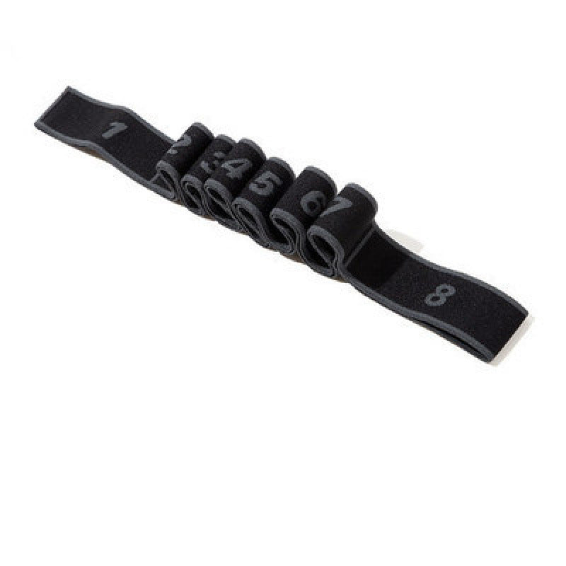 Mivoza Deutschland adjustable resistance band with 8 segments for yoga and strength training exercises.