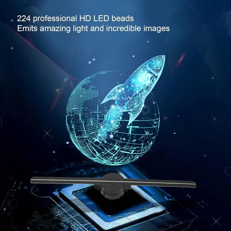 Belro 3D hologram LED fan projector displaying dynamic light patterns on a clothing display.
